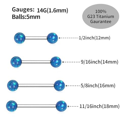 Opal Nipple Rings G23 Titanium Nipple Jewelry for Women Bridge Rings | 14G Nipple Piercings,Internally Threaded Nipple Barbells,1 Pair Tongue Rings,Nipple Bars,Straight Barbells 12mm-18mm - color: Styele2:Blue Opal,Silver, size: 14G+1/2"(12mm)