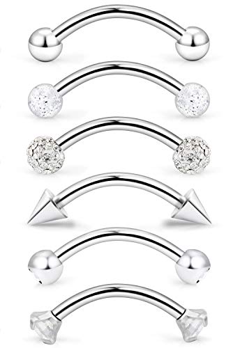 6-12 Pcs 16G Stainless Steel Eyebrow Piercing Rings Clear CZ Curved Barbell Helix Daith Piercing Body Jewelry for Women Men - style: 5/16"(8mm) silver-tone