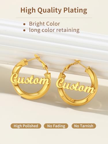 FindChic Twisted Hoop Earrings for Women, Silver/Black/14K Gold Plated Hypoallergenic Hollow Tube Rounded Loop Earrings, 30mm/40mm/60mm/80mm Hoops with Custom Name Options and Gift Box - color: f.Gold (Custom Name), size: 30MM