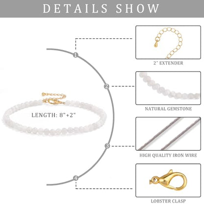 Natural Stone Beaded Anklets for Women, Handmade Boho Clear Quartz 4mm Crystal Beads Anklet, Gold Chain Adjustable Ankles Bracelet, Beach Summer Jewelry Gemstone Foot Bracelet Gift - color: White Moonstone