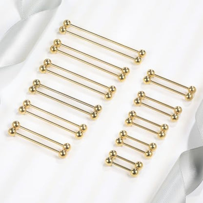 12mm-45mm 16G 14G Nipple Tongue Rings Industril Piercing Jewelry Externally Threaded 316L Surgical Steel Nipple Tongue Barbells Piercing Jewelry for Women Men Silver Black Gold Tone - color: Gold:14G-12mm-45mm Bars/5mm Balls