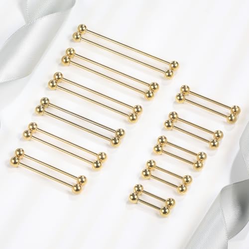 12mm-45mm 16G 14G Nipple Tongue Rings Industril Piercing Jewelry Externally Threaded 316L Surgical Steel Nipple Tongue Barbells Piercing Jewelry for Women Men Silver Black Gold Tone - color: Gold:16G-12mm-45mm Bars/5mm Balls