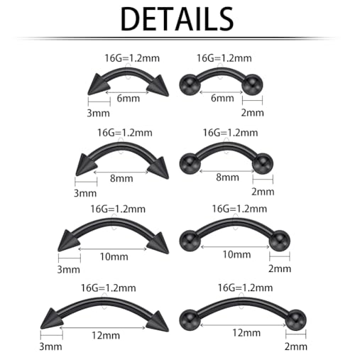 intera Surgical Steel 16G Eyebrow Piercing Jewelry Vertical Labret Lip Rings Jewelry for Women Men Curved Barbell Rook Daith Piercing Jewelry 6mm/8mm/10mm/12mm