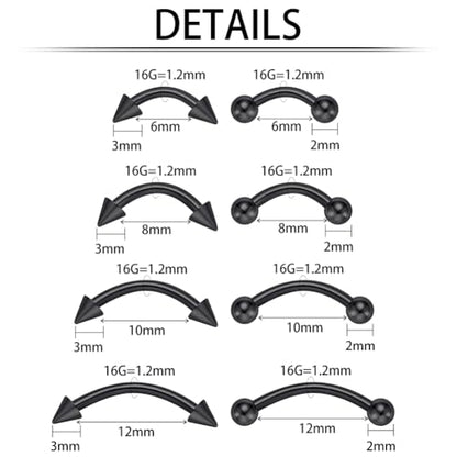 intera Surgical Steel 16G Eyebrow Piercing Jewelry Vertical Labret Lip Rings Jewelry for Women Men Curved Barbell Rook Daith Piercing Jewelry 6mm/8mm/10mm/12mm