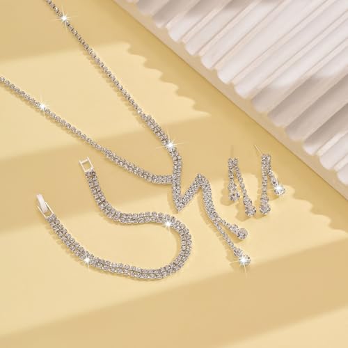 MIFYNN Rhinestone Wedding Set for Women Sparkle Crystal Earrings Necklace Bracelet Jewelry Set Wedding Party Prom Jewelry Set for Brides Bridesmaid - color: Silver2