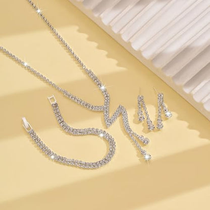 MIFYNN Rhinestone Wedding Set for Women Sparkle Crystal Earrings Necklace Bracelet Jewelry Set Wedding Party Prom Jewelry Set for Brides Bridesmaid - color: Silver2