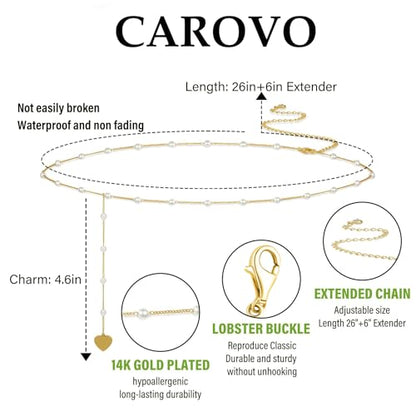 CAROVO Belly Waist Chain for Women 14K Gold Silver Plated Layered Body Chains Boho Cuban Figaro Pearl Heart Coin Satellite Bead Belly Chain Sexy Bikini Body Jewelry for Women Adjustable - style: E:Pearl Heart GD