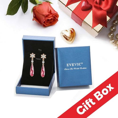 Austrian Crystal Teardrop Earrings Flower Dangle Earrings for Women 14K Gold Plated Drop Stud Earrings Hypoallergenic Jewelry - color: Rose Pink