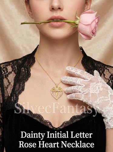 14K Gold Initial Letter Rose Heart Pendant Necklace for Women, Anniversary Birthday Jewelry Gifts for Wife Mom Grandma Sister Daughter, I Love You for Always And Forever - style: 14K Gold-F