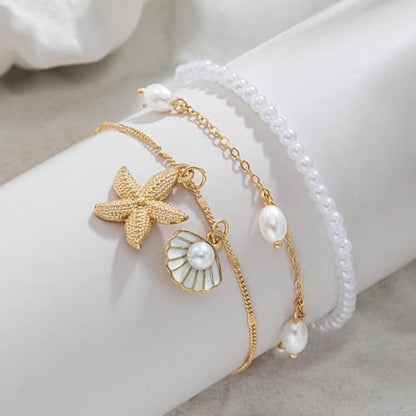 Boho Shell Ankle Bracelet Set for Women Gold Plated Adjustable Anklet Beach Inspired Foot Jewelry with Starfish & Pearl Charms - color: A