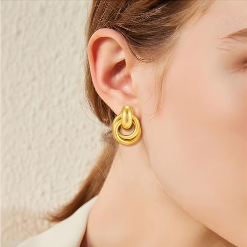 Gold Geometric Drop Dangle Earrings for Women Chunky Trendy Knot Stud Small Twisted Link Earring Jewelry Gift - color: B-Small Flower-Gold