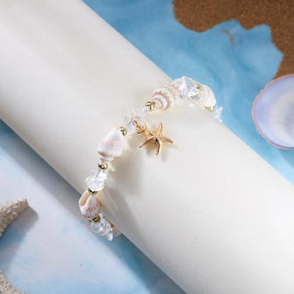 Waterproof Starfish Shell Bead Anklets Bracelets for Women Bohemian Hawaiian Beach Crushed Stone Bead Anklet Summer Mermaid Outfit Costume Jewelry Accessories - color: Transparent