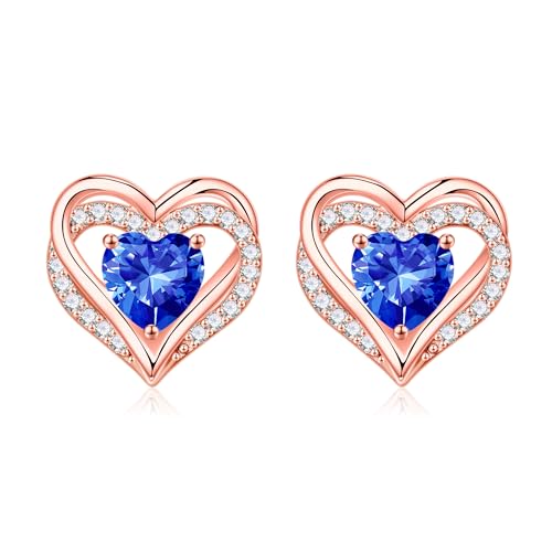 Iefil Birthstone Earrings for Women - 925 Sterling Silver Heart Stud Earrings Birthday Gifts for Women - color: Rose-Gold-Plated-09-Sept-Created Sapphire