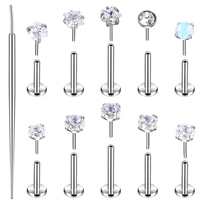 10 Pcs 18G Threadless Push in Flat Back Piercing Jewelry Stainless Steel Nose Rings Labret Lip Studs Cartilage Helix Tragus Earrings 6mm 7mm 8mm Bars for Women Men