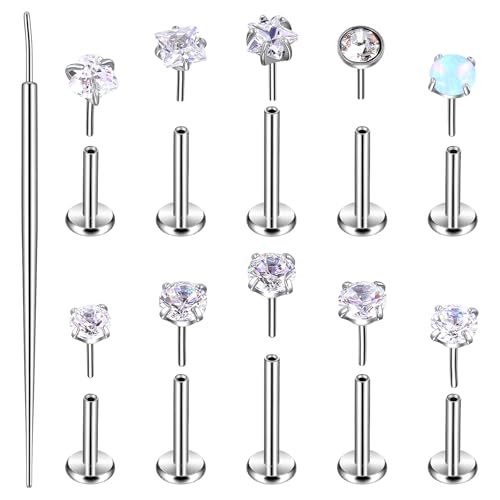 10 Pcs 18G Threadless Push in Flat Back Piercing Jewelry Stainless Steel Nose Rings Labret Lip Studs Cartilage Helix Tragus Earrings 6mm 7mm 8mm Bars for Women Men