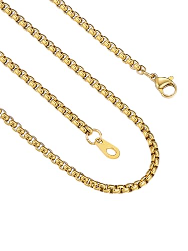 FindChic Stainless Steel Square Box Chain for Men | Silver/Gold/Black Rolo Necklace for Pendant | 2mm/3mm/6mm/8mm Width | No Tarnish, Hypoallergenic Hip Hop Jewelry with Gift Box | 18"-30" Length - color: c. 3mm Width-Gold, size: 22 inches
