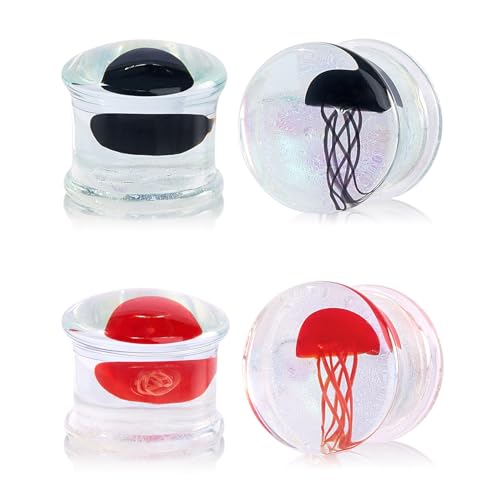 Stuppendux 4 Style 2Set Color Ocean Jellyfish Glass Double Flared Ear Plugs Tunnels Expander Stretching Kit Gauge 0g-5/8 8-16mm - color: Transparent Jellyfish 12MM