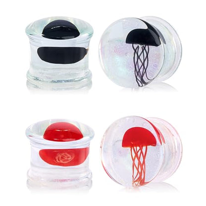 Stuppendux 4 Style 2Set Color Ocean Jellyfish Glass Double Flared Ear Plugs Tunnels Expander Stretching Kit Gauge 0g-5/8 8-16mm - color: Transparent Jellyfish 12MM