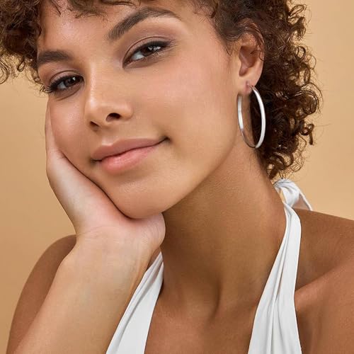 3mm Wide Large Hoop Earrings for Women Hypoallergenic 925 Sterling Silver Post Gold Earrings Lightweight Silver Hoop Earrings Oversize Big Gold Hoops 30/40/50/60MM - color: Silver, size: 50mm