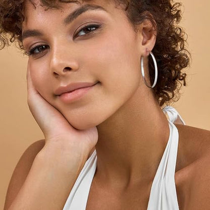 3mm Wide Large Hoop Earrings for Women Hypoallergenic 925 Sterling Silver Post Gold Earrings Lightweight Silver Hoop Earrings Oversize Big Gold Hoops 30/40/50/60MM - color: Silver, size: 50mm
