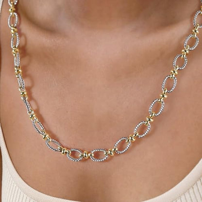 Two Tone Wire Necklace Gold and Silver Link Chain Adjustable 18K Gold Plated Twist Vintage Classic Jewelry - style: Oval - Two tone