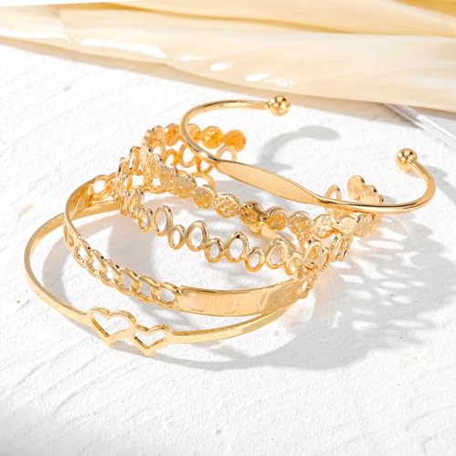IFKM Gold Bangle Bracelets For Women, 14k Gold Plated Multi Layer Stackable Cuff Bracelet Set, Trendy Elegance Charms Non Tarnish Minimalist Textured Boho Jewelry Gift for Women - style: LOVE both