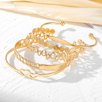 IFKM Gold Bangle Bracelets For Women, 14k Gold Plated Multi Layer Stackable Cuff Bracelet Set, Trendy Elegance Charms Non Tarnish Minimalist Textured Boho Jewelry Gift for Women - style: LOVE both
