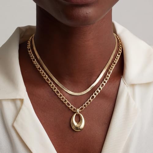 14K Gold/Silver Plated Dainty Snake Chain Layered Necklace for Women | Irregular Oval Pendant Minimalist Dainty Statement Gold Layering Everyday Jewelry - color: Gold - Polished