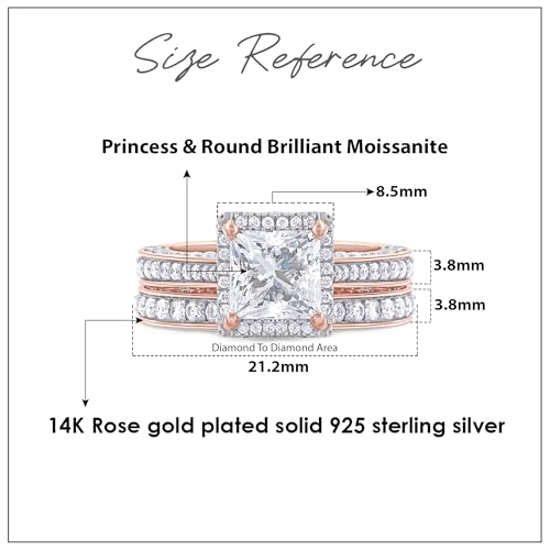6MM Center Halo Princess Cut Bridal Set Engagement Ring for Women, 2 CT | Metal: Sterling Silver|Stone: Moissanite - color: Rose Gold