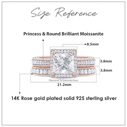6MM Center Halo Princess Cut Bridal Set Engagement Ring for Women, 2 CT | Metal: Sterling Silver|Stone: Moissanite - color: Rose Gold