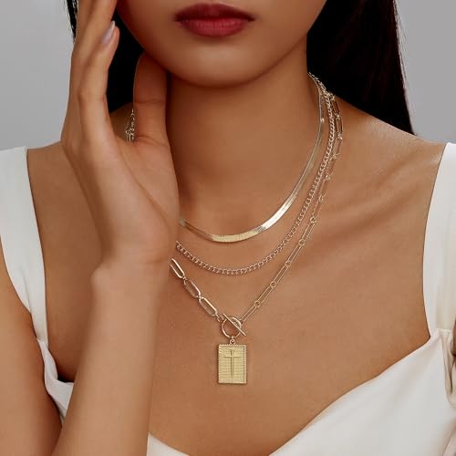 Evabelle Gold Layered Necklace for Women Trendy Jewelry 14K Real Gold Plated Chunky Chain Stackable Necklaces Dainty Choker Necklaces Rectangle Square Pendant - color: Gold Necklace 23
