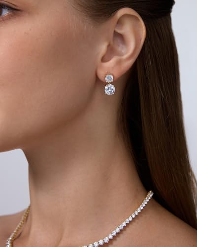 PAVOI 14K Gold Plated Cubic Zirconia Dangle Earrings for Women - Crystal Long Linear Bridal Drop Earrings - Cluster CZ Pearl Simulated Diamond Drop Dangle Wedding Jewelry for Brides & Bridesmaid - style: Round