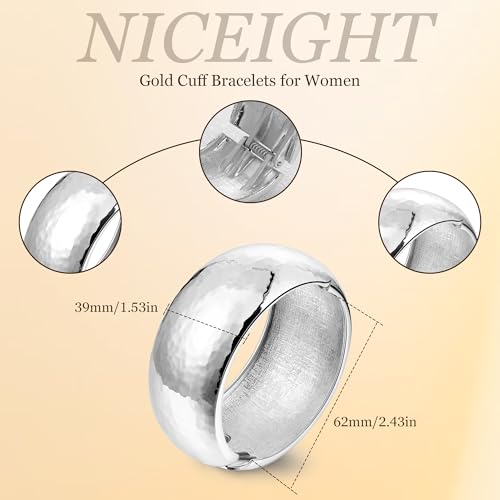 NICEIGHT 18K Gold Plated Chunky Bangle Bracelets for Women Gold Wide Cuff Bangle Bracelet Hammered Minimalist Thick Gold Wrist Wrap Bracelets - color: Silver Thick Hammered Bracelet