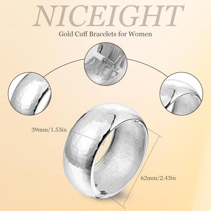 NICEIGHT 18K Gold Plated Chunky Bangle Bracelets for Women Gold Wide Cuff Bangle Bracelet Hammered Minimalist Thick Gold Wrist Wrap Bracelets - color: Silver Thick Hammered Bracelet