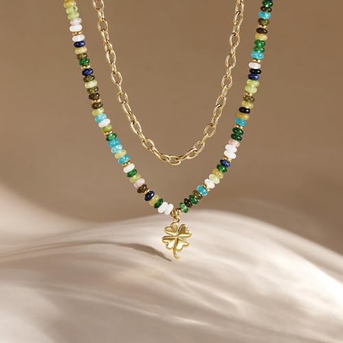 KissYan Beaded Necklaces for Women, Layered Pendant Choker for Summer | Stackable Colorful Natural Gemstone Handmade Beach Charm Chain Valentine's Jewelry Gifts For Girlfriend Wife Lover - style: Clover