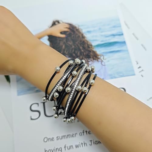 ZMANYIJEW Leather Wrap Bracelets for Women,Boho Cuff Bracelets Multi-Layer Crystal Beads Cuff Bracelet Multilayered Leopard Leather Braided Bangle Wrist Cuff Bangles - style: bead-black