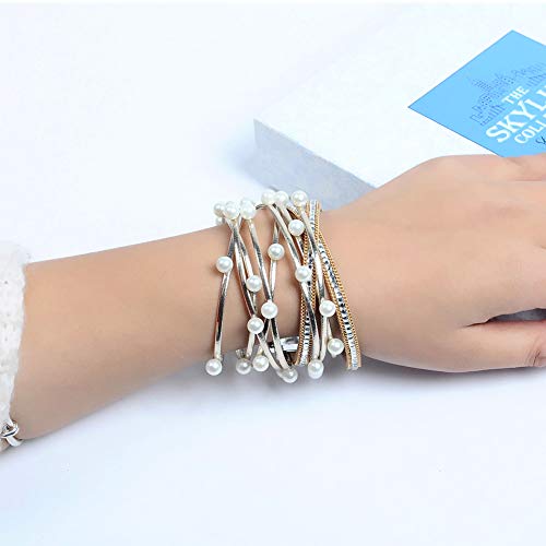 Artilady Leather Wrap Bracelet for Women, Pearl Beaded Bangle Stack Jewelry | Easy on-off, Elegant Handmade Multi-Layered, Daily Casual Date Beach Vacation, Gift for Ladies, Mother, Sister & Friend - style: Gold