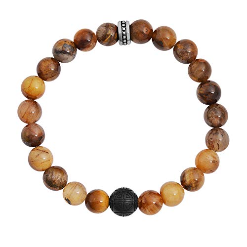 Geoffrey Beene Natural Stone Elastic 9mm Beaded Bracelet with Black Good Fortune Piece - color: Brown Tiger Eye