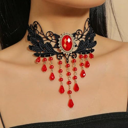 Goth Black Choker Necklace Crystal Bead Pendant Necklace for Women Gothic Velvet Lace Choker Halloween Vampire Witch Cosplay - color: I-Black and Red