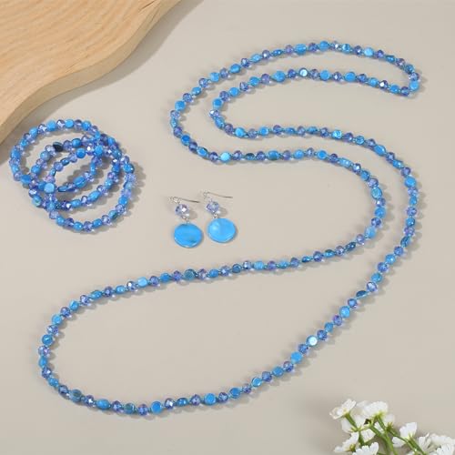 Trendy Infinity Wrap 60’’ Long Statement Necklace, Earrings and Bracelet Set - Hand Knotted Versatile Crystal and Shell Beads Strand Necklace and Chunky Beaded Stretch Bracelet Stack – Jewelry Set Gift for Women - color: light blue