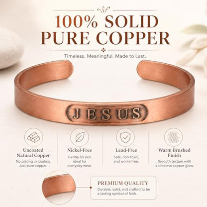 Pure Copper Bracelet for Men & Women, JESUS Engraved Adjustable Open Bangle, Uncoated Hammered Christian Jewelry Gift