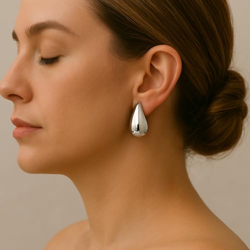 14K Gold Clip On Earrings Women,Teardrop Chunky Detachable Hoop Clip-On Earrings for Non Pierced Ears Hypoallergenic Lightweight Earring Clips - color: Silver