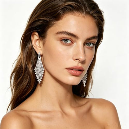 Rhinestone Earrings Dangling for Women Sparkly Silver Dangle Earrings Girls Long Chandelier Earrings Tassel Lightweight Ear Studs Cubic Zirconia (KE001S-W) - color: Dangle 616904S-YZ