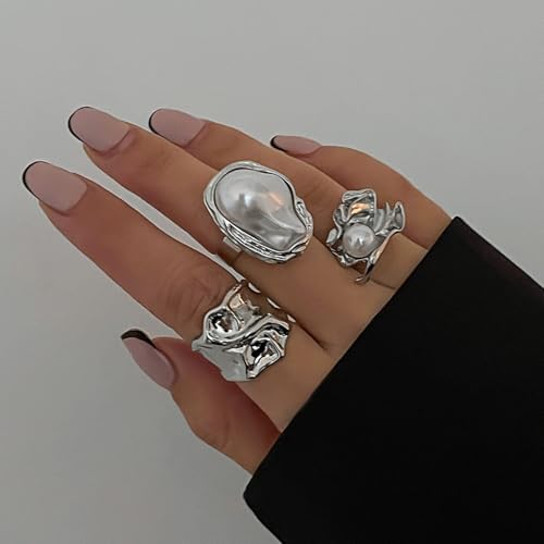 3/6 PCS Silver Chunky Pearl Rings Set for Women Gold Baroque Pearl Flower Open Ring Adjustable Crystal Large Ring Set Personalized Statement Knuckle Rings Fashion Costume Jewelry Accessories - color: silver