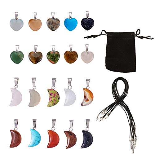 FASHEWELRY 20Pcs Random Crescent Moon Heart Chakra Stone Pendants Healing Crystal Gemstone Charms & 20Pcs Black Waxed Cotton Necklace Cord & 1Pc Velvet Drawstring Bag for DIY Jewelry Making - color: 5-Mixed Color-Moon & Heart with Cord & Bag