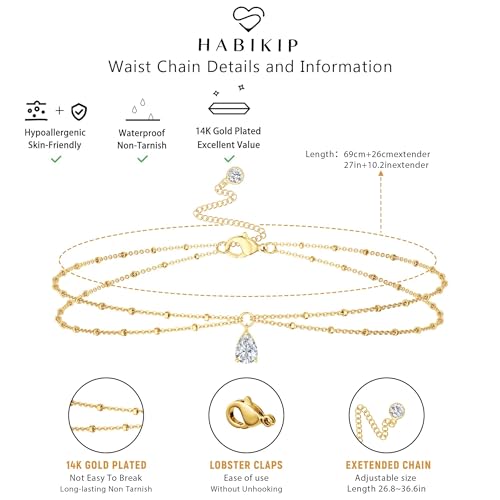 14K Gold Plated Layered Body Waist Chain for Women | Layered Waist Chain with CZ Heart and Pearl Pendant, Belly Chain Belt Jewelry for Women, Bikini Summer Beach Wear - style: CZ Waist Beads Chain