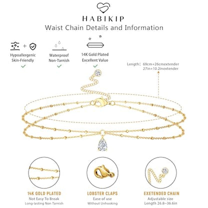 14K Gold Plated Layered Body Waist Chain for Women | Layered Waist Chain with CZ Heart and Pearl Pendant, Belly Chain Belt Jewelry for Women, Bikini Summer Beach Wear - style: CZ Waist Beads Chain