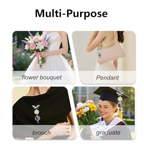 Bouquet Charms for Wedding Memory Something Blue Photo Charm Pin for Bride Memorial Locket with Picture from Mom and Dad Brooch Pins for Bridal Bouquet on Special Day or Graduation