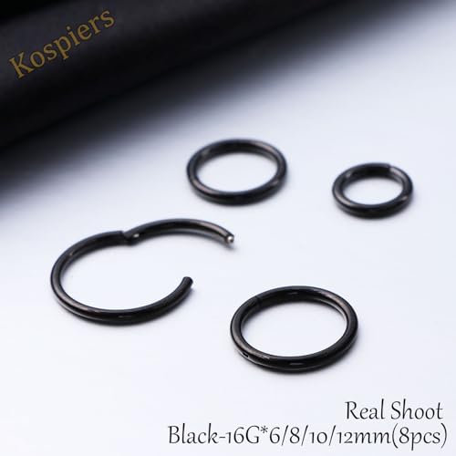 Nose Rings 20G 18G 16G 316L Surgical Steel Hinged Clicker Segment Nose Hoop Helix Cartilage Daith Tragus Sleeper Earrings Body Lip Piercing Jewelry for Women Men 6mm 7mm 8mm 10mm 12mm - style: 09:Black-16G*6/8/10/12mm(8pcs)