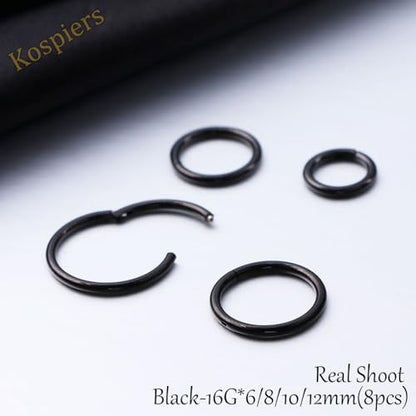 Nose Rings 20G 18G 16G 316L Surgical Steel Hinged Clicker Segment Nose Hoop Helix Cartilage Daith Tragus Sleeper Earrings Body Lip Piercing Jewelry for Women Men 6mm 7mm 8mm 10mm 12mm - style: 09:Black-16G*6/8/10/12mm(8pcs)